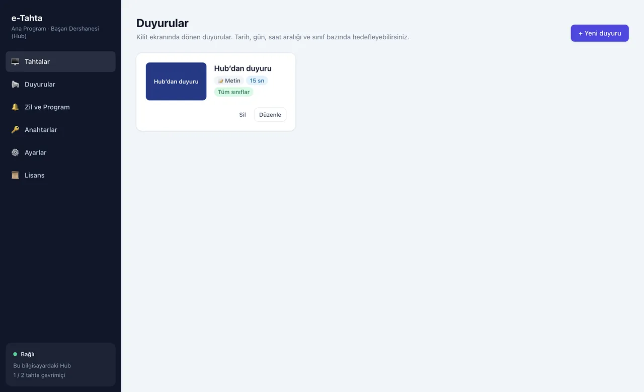Ana Program duyurular ekranı
