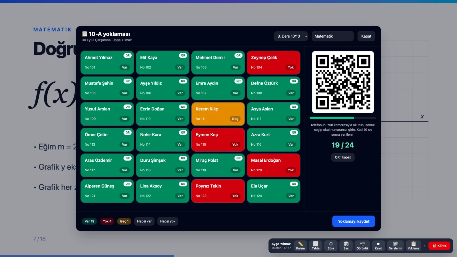Akıllı tahtada QR yoklama ekranı