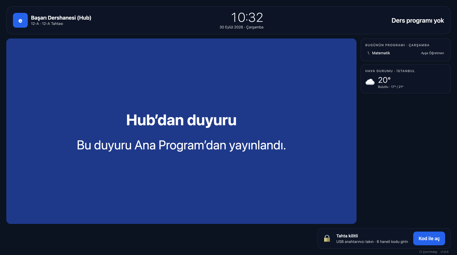 e-Tahta kilit ekranı: duyuru, ders programı, hava durumu ve kod ile açma